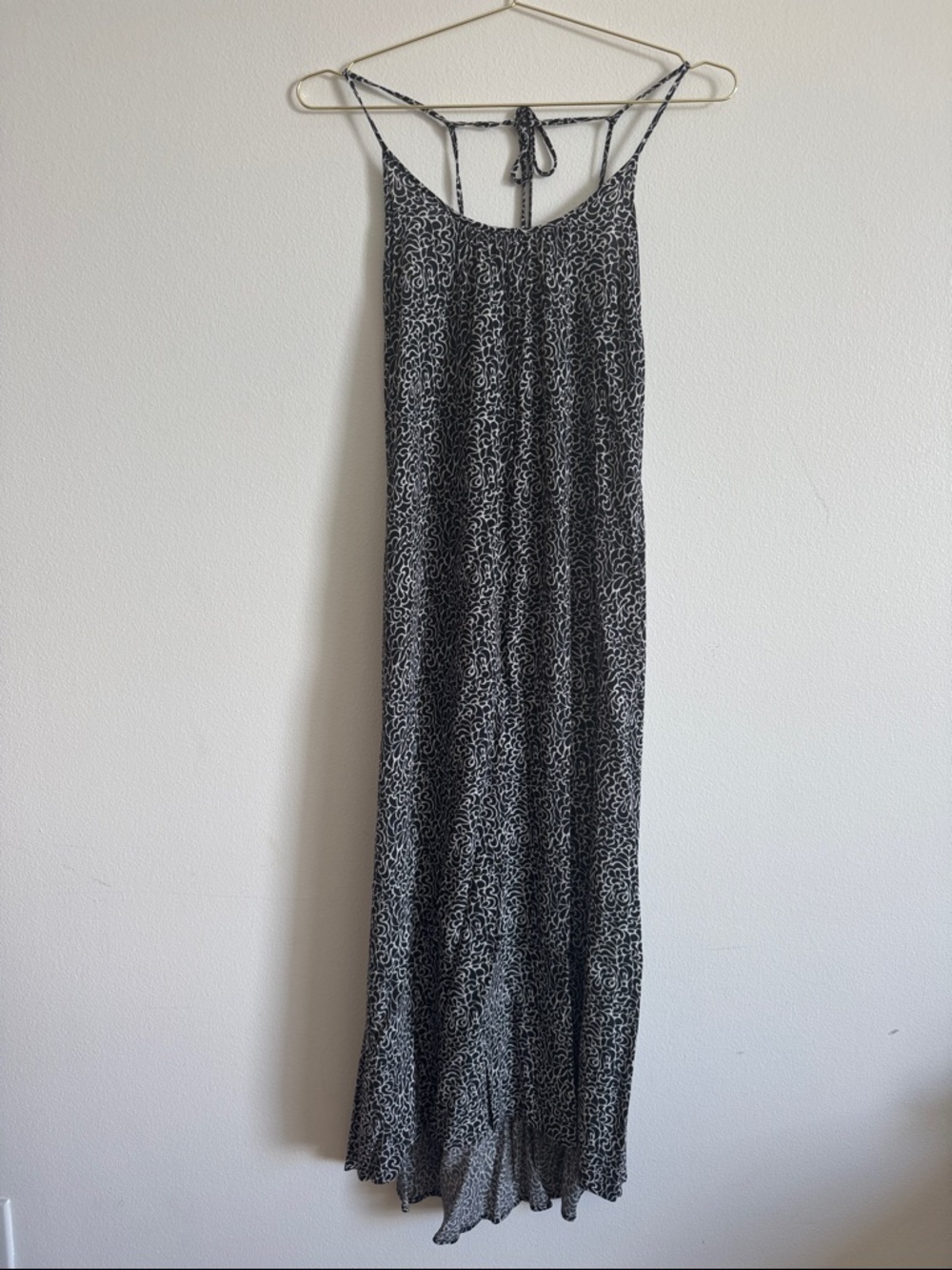 Black and White Printed Maxi Dress with Adjustable Tie Straps
